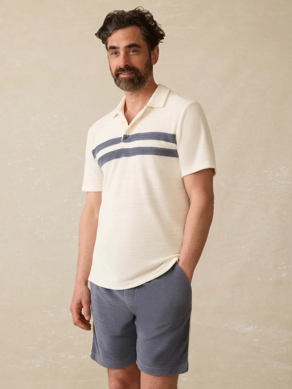 Cabana Towel Terry Surf Stripe Polo | Vintage White