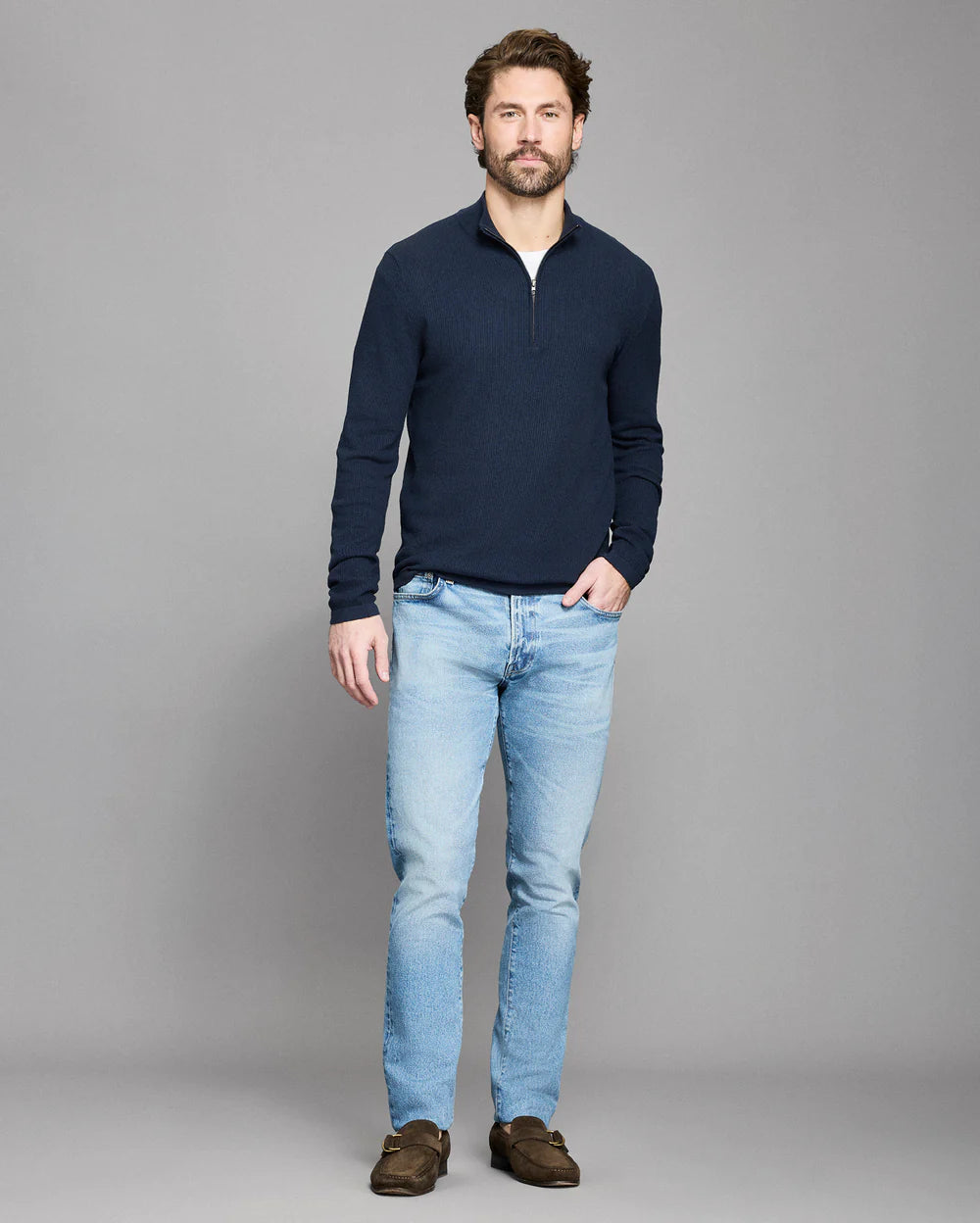Fine Gauge Textured 1/2 Zip | Carbon Blue