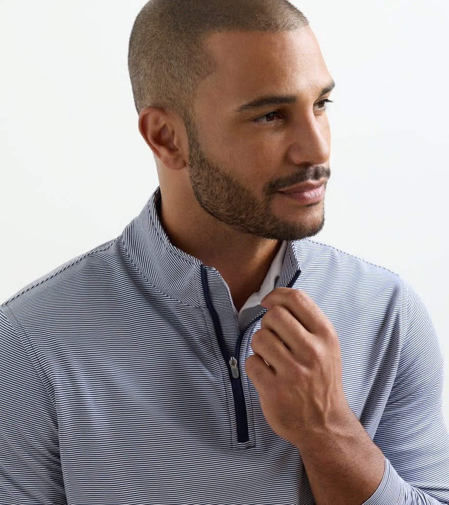 Perth Sugar Stripe Performance 1/4 Zip | Navy/White