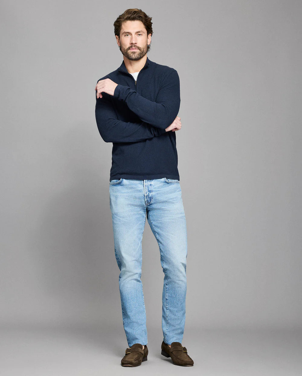 Fine Gauge Textured 1/2 Zip | Carbon Blue