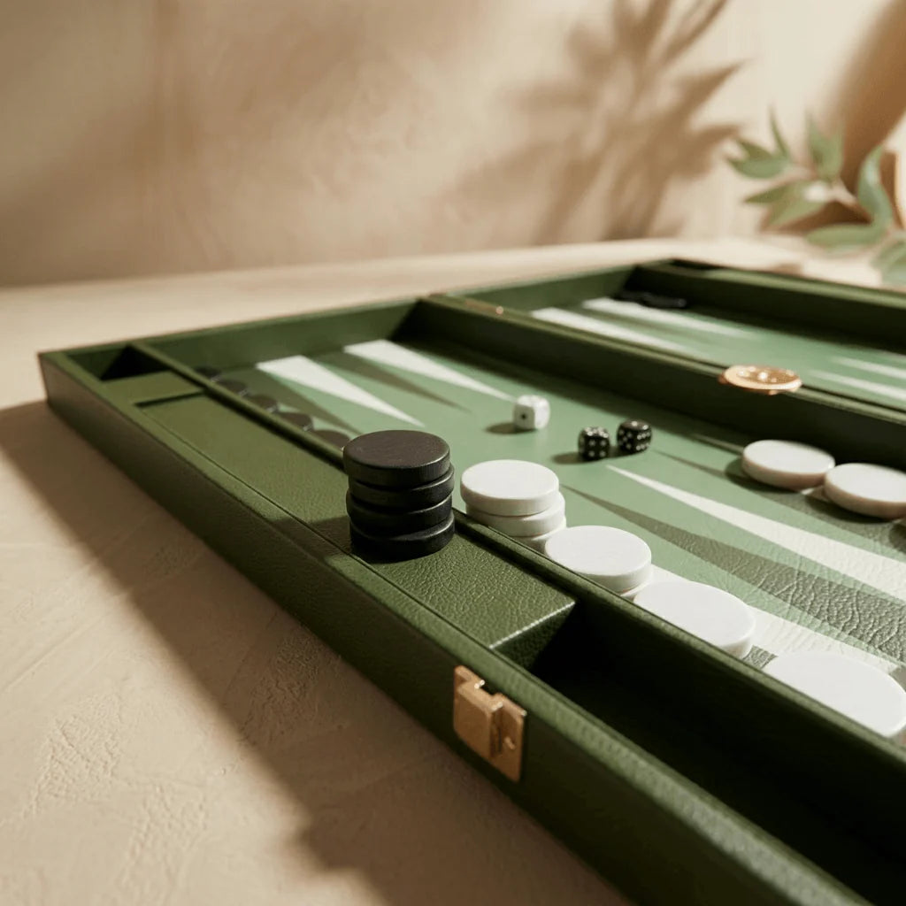 Leather Travel Backgammon Set Green