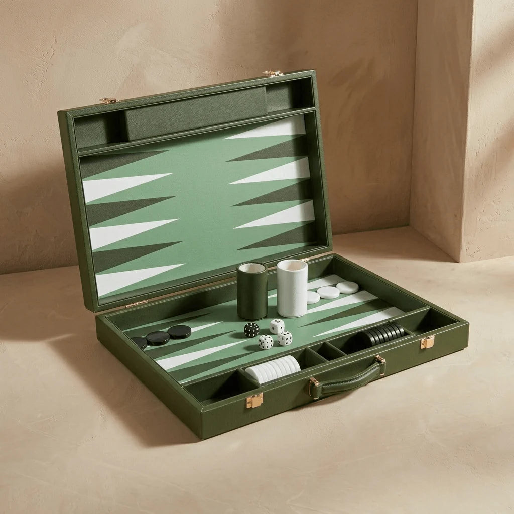 Leather Travel Backgammon Set Green